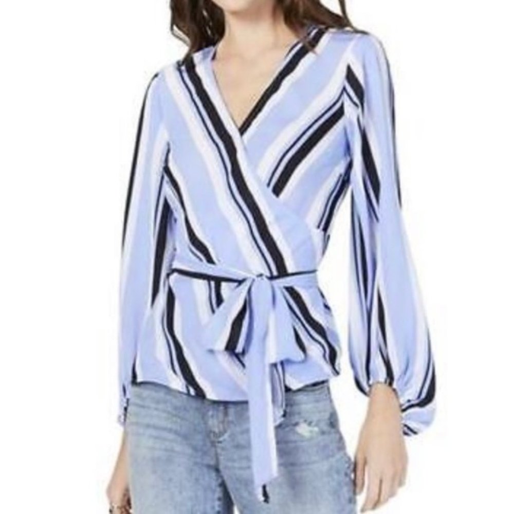 Top Blouse INC Varsity Blue Black Stripe V Neck Style Wrap Tie Belt Size XS
